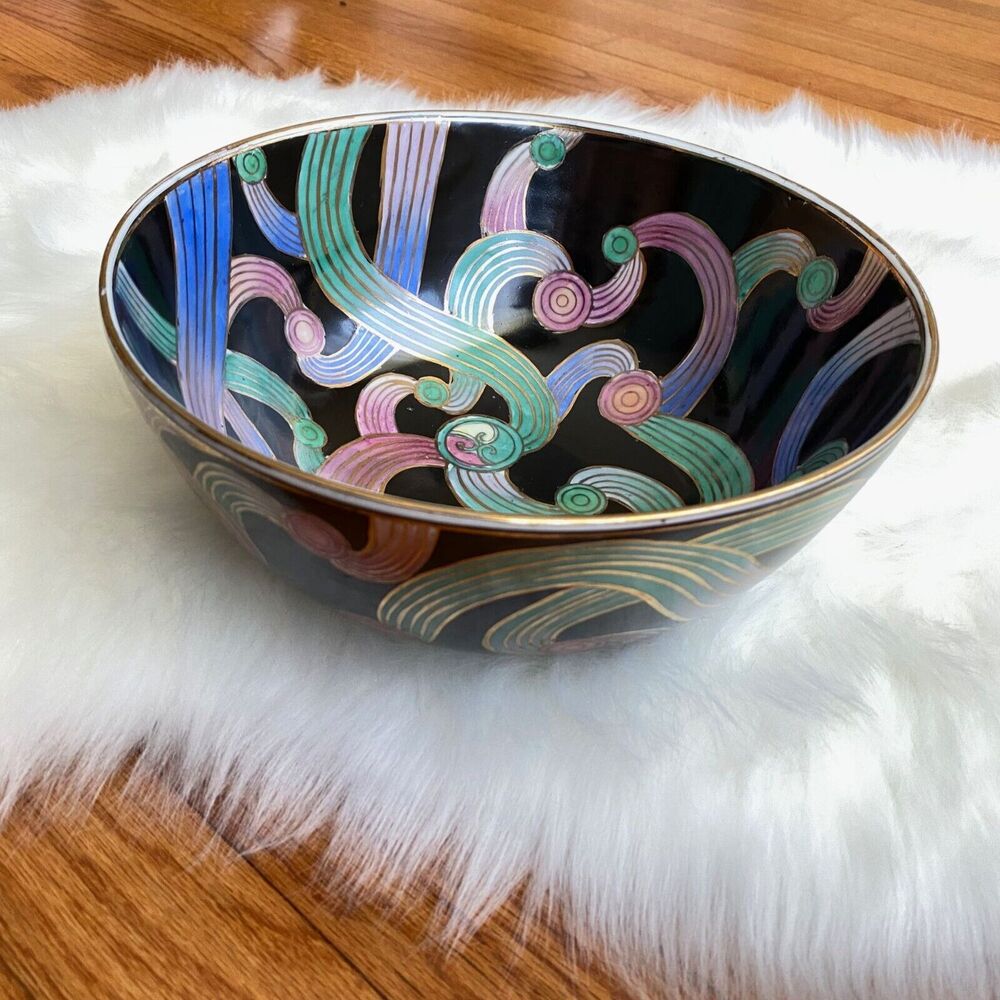 Vintage Asian Porcelain Hand Painted in Macau 9.5" Bowl Colorful Ribbons w Black
